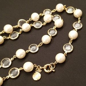 J Crew faux pearl and clear faceted disk necklace
